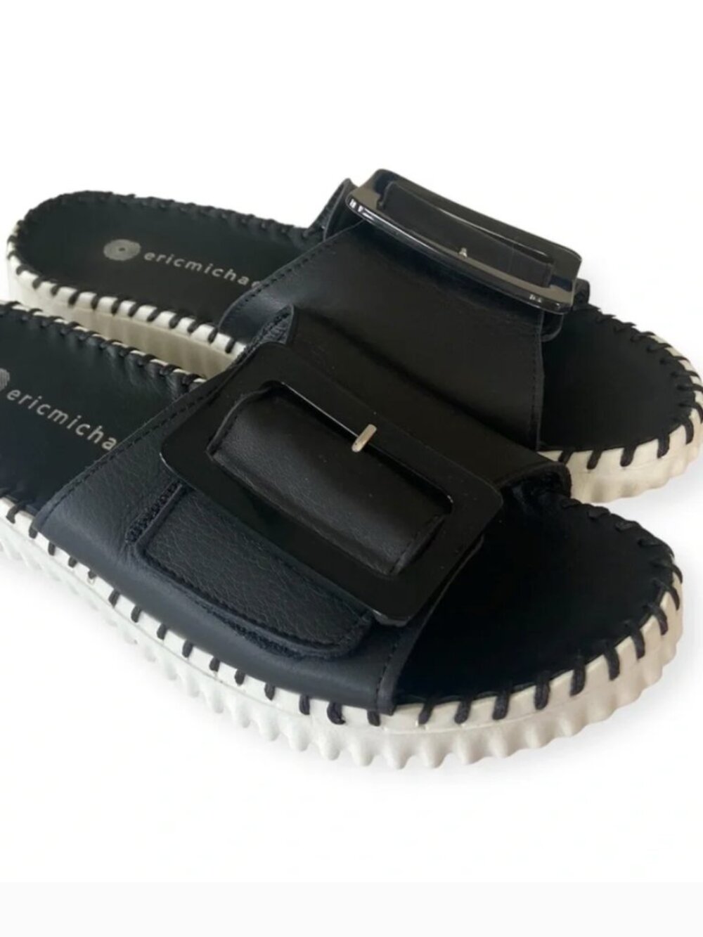 NEW Eric Michael Darla Black Leather Buckle Slide Sandals Womens Size 42